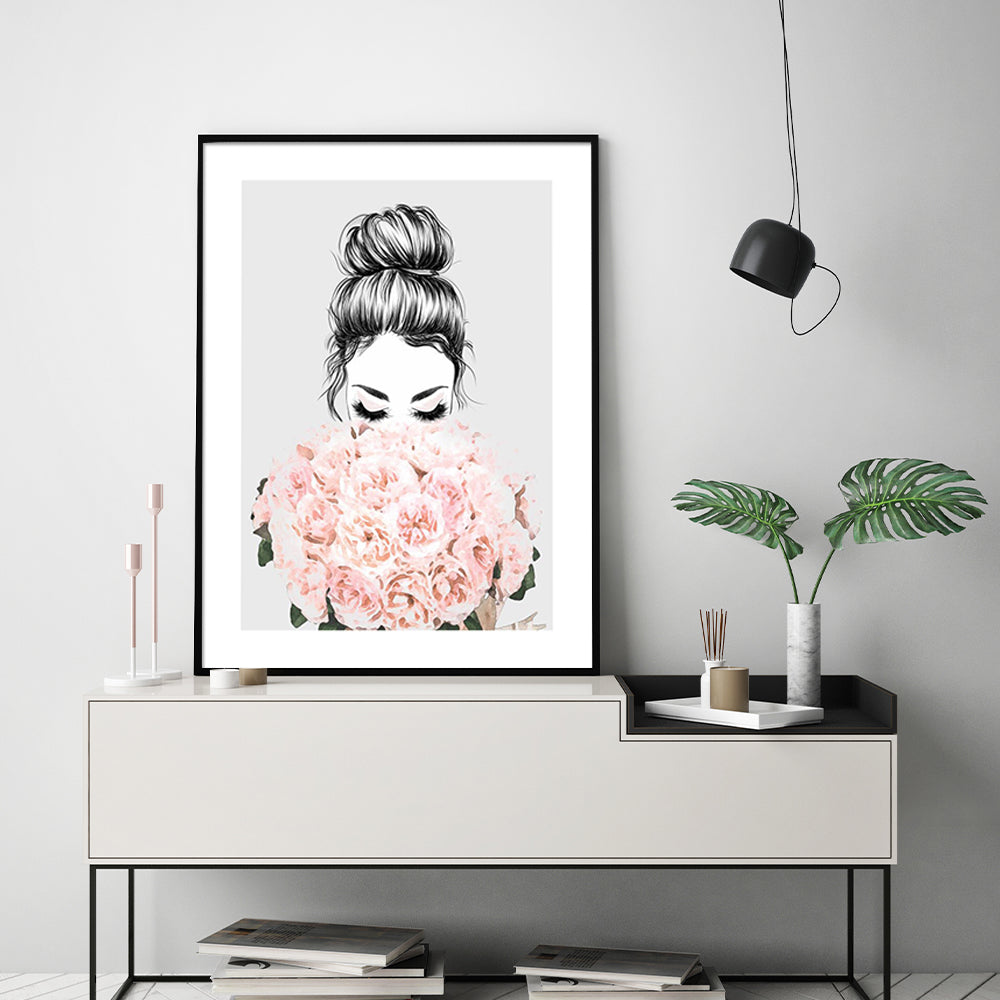 60cmx90cm canvas wall art featuring a girl surrounded by roses in a black frame, showcasing vibrant colors and a modern design.