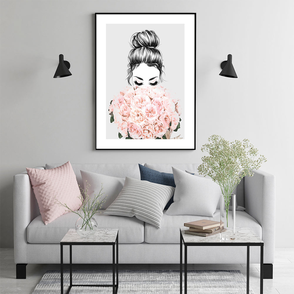 60cmx90cm canvas wall art featuring a girl surrounded by roses in a black frame, showcasing vibrant colors and a modern design.