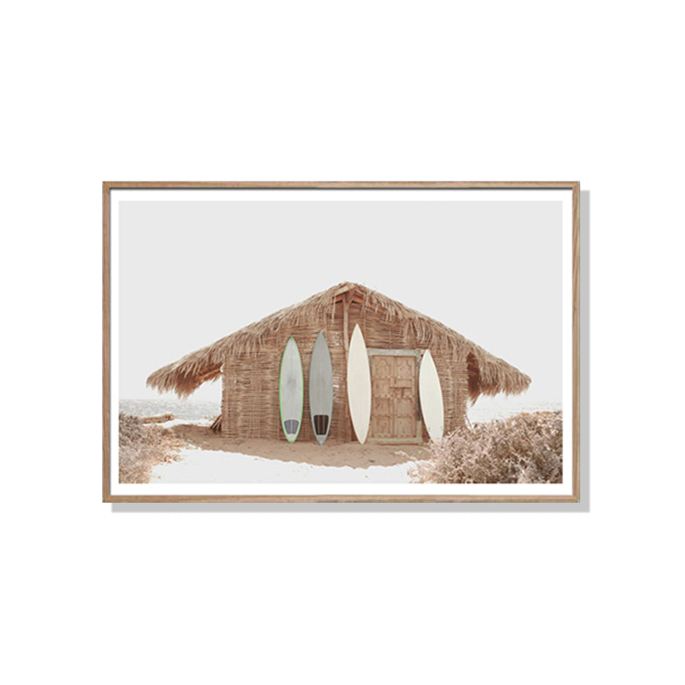 60cmx90cm Surf Cabin Canvas Wall Art framed in wood, showcasing vibrant coastal scenery.