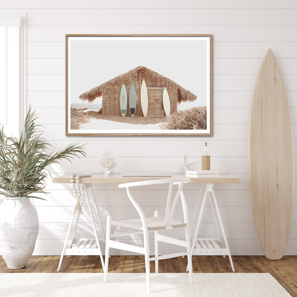 60cmx90cm Surf Cabin Canvas Wall Art framed in wood, showcasing vibrant coastal scenery.