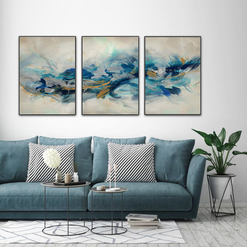 60cmx90cm black frame canvas wall art featuring three stunning prints, elegantly displayed with a floating effect.