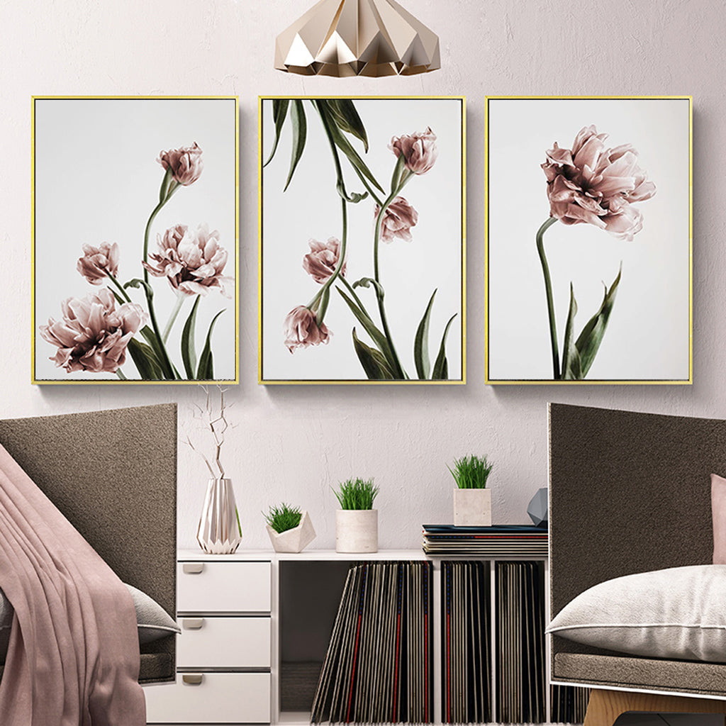 60cmx90cm Tulip Flower Canvas Wall Art in a gold floating frame, showcasing vibrant tulip prints.