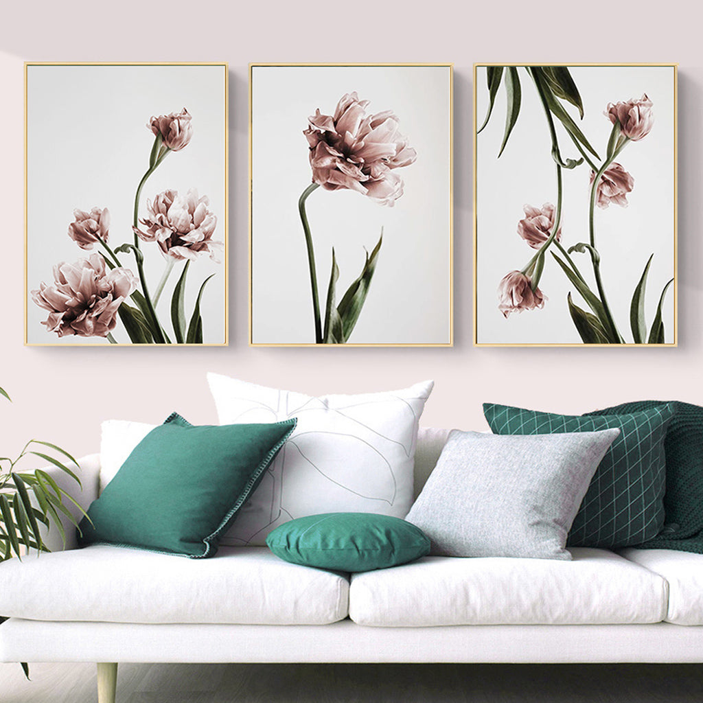 60cmx90cm Tulip Flower Canvas Wall Art in a gold floating frame, showcasing vibrant tulip prints.