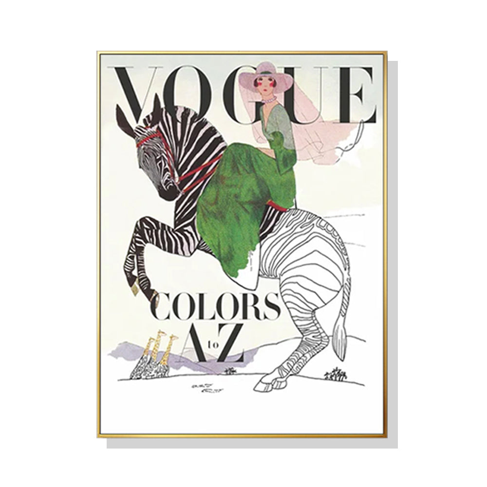 60cmx90cm Vogue Lady Canvas Wall Art in a gold frame, showcasing elegant design and vibrant colors.