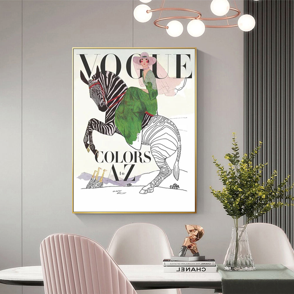 60cmx90cm Vogue Lady Canvas Wall Art in a gold frame, showcasing elegant design and vibrant colors.