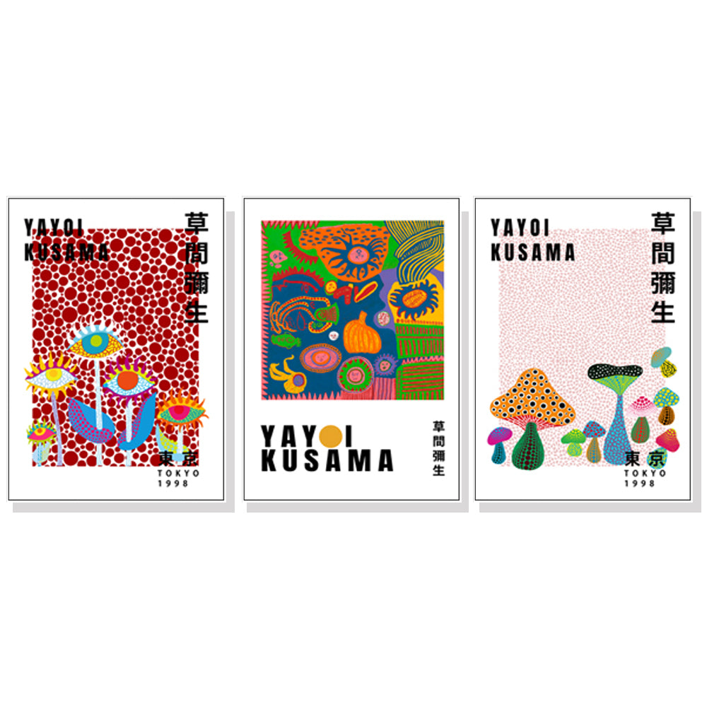 Three elegant wall art pieces by Yayoi Kusama, framed in white, showcasing vibrant colors on premium canvas.