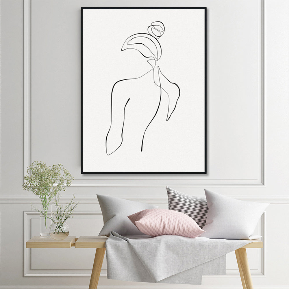 60cmx90cm Woman Back Line Art in a black frame, showcasing elegant minimalist design on premium canvas.