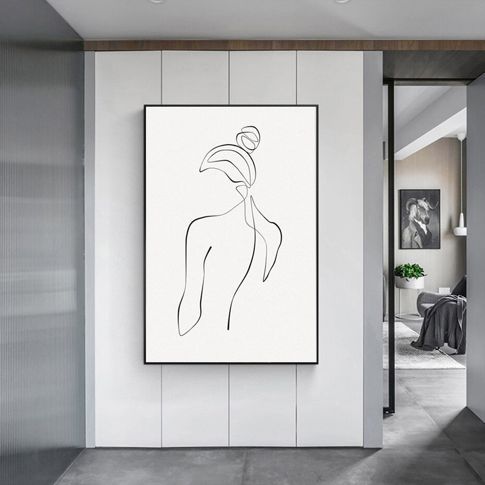 60cmx90cm Woman Back Line Art in a black frame, showcasing elegant minimalist design on premium canvas.