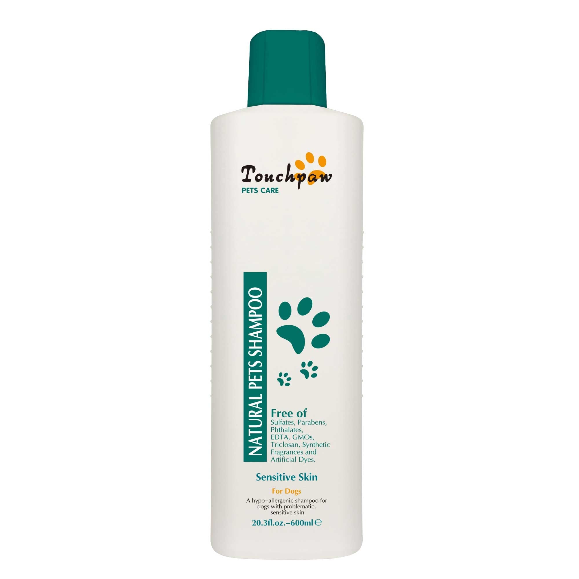 Touchpaw 600ml Sensitive Skin Dog Shampoo bottle with natural ingredients, designed for dogs with itchy and sensitive skin.