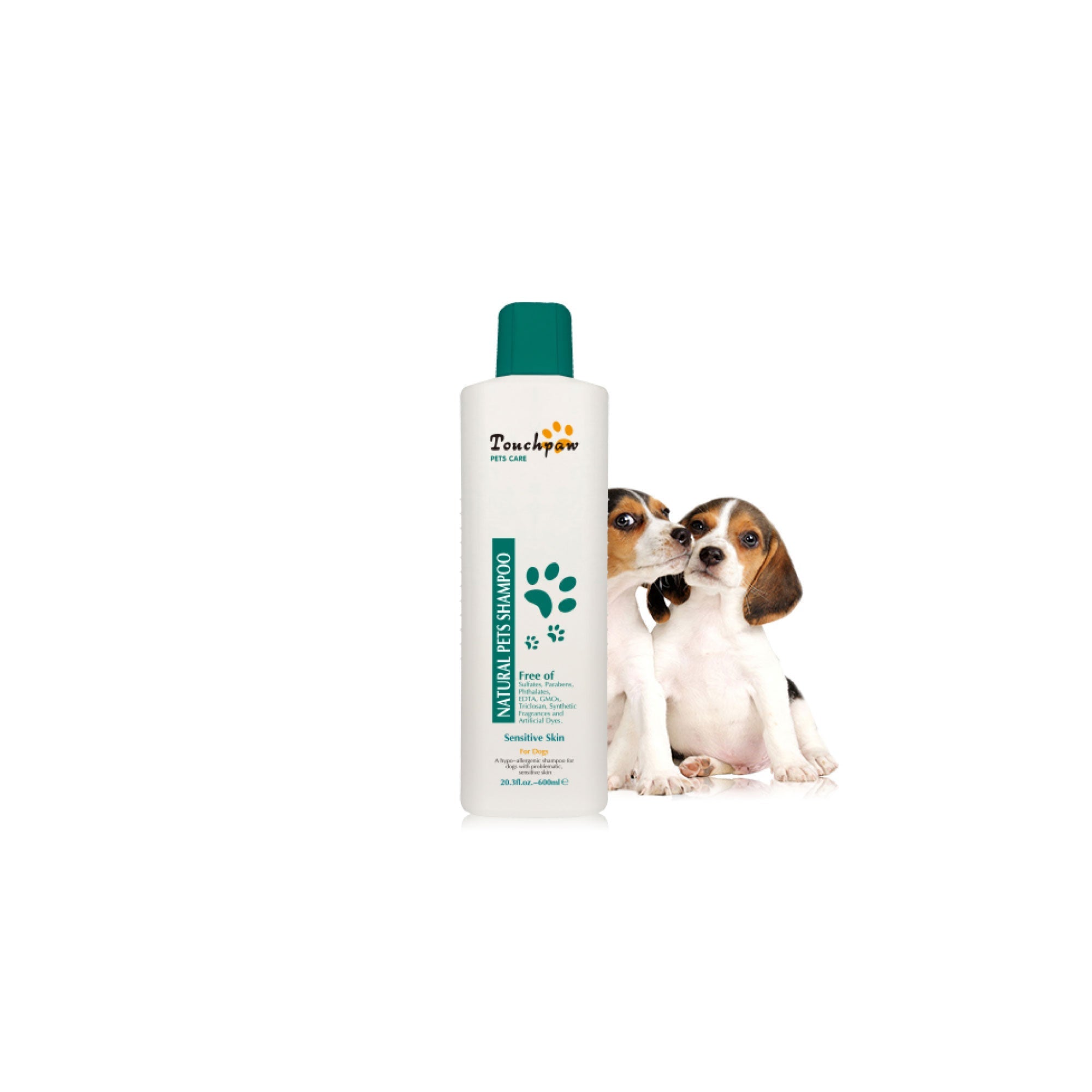 Touchpaw 600ml Sensitive Skin Dog Shampoo bottle with natural ingredients, designed for dogs with itchy and sensitive skin.