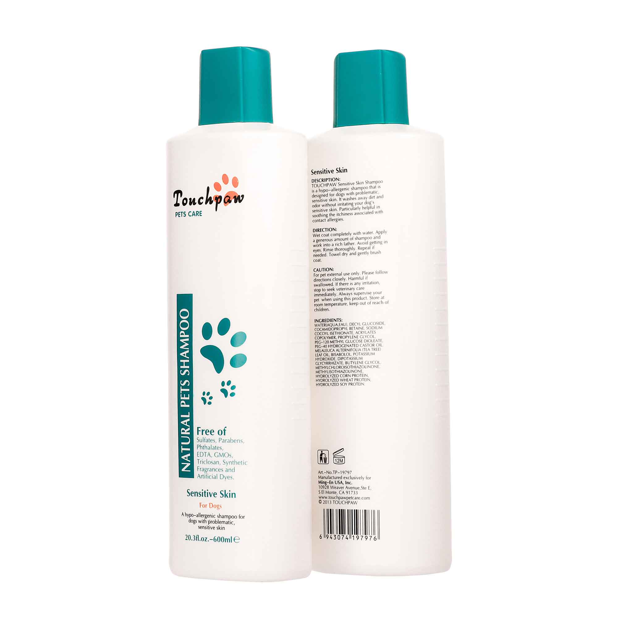 Touchpaw 600ml Sensitive Skin Dog Shampoo bottle with natural ingredients, designed for dogs with itchy and sensitive skin.