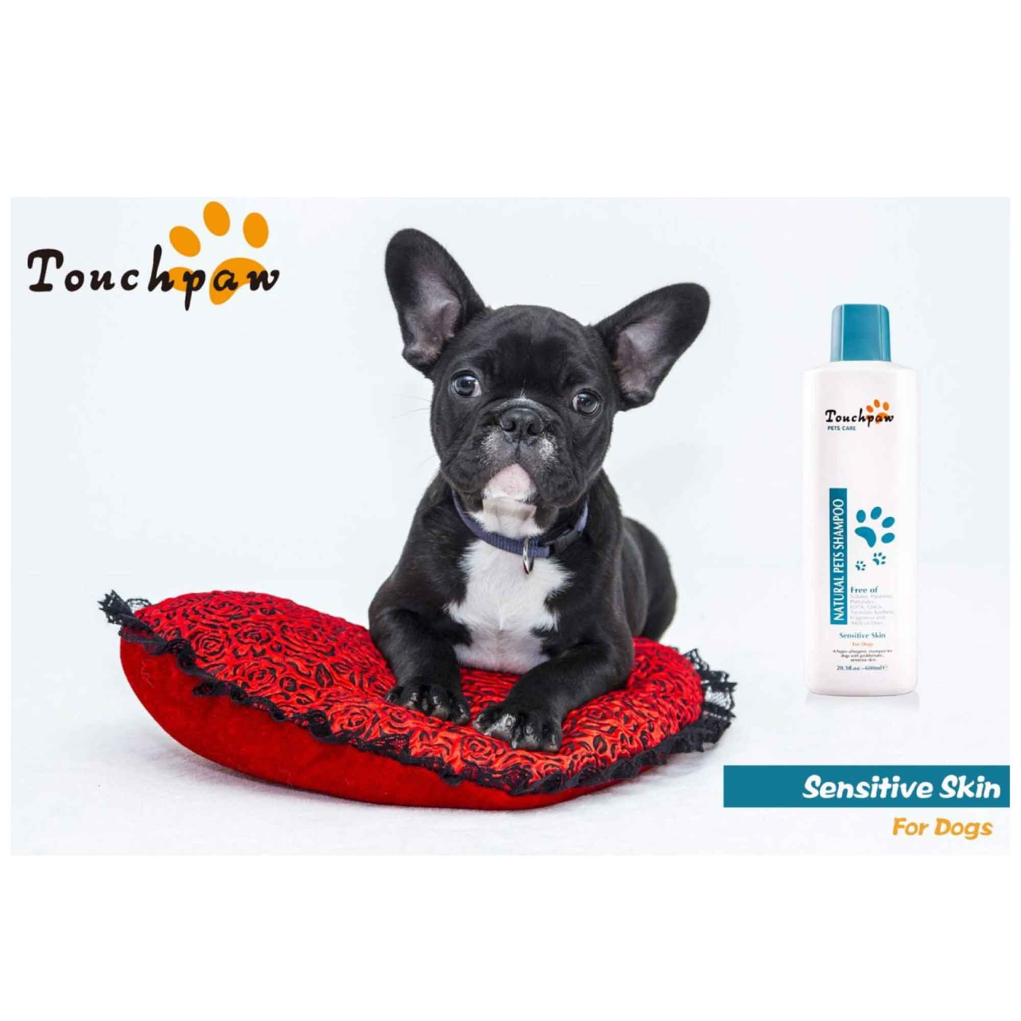 Touchpaw 600ml Sensitive Skin Dog Shampoo bottle with natural ingredients, designed for dogs with itchy and sensitive skin.