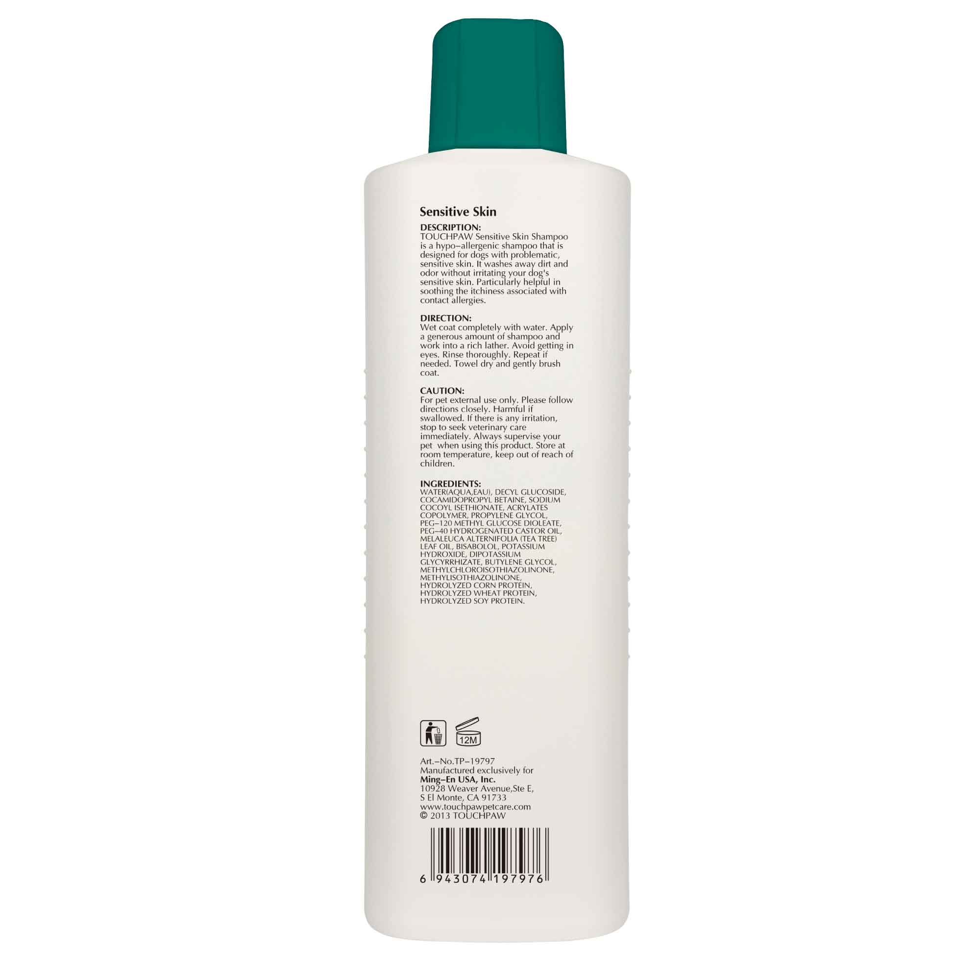 Touchpaw 600ml Sensitive Skin Dog Shampoo bottle with natural ingredients, designed for dogs with itchy and sensitive skin.