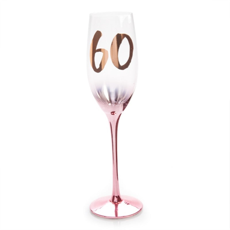 60th Birthday Blush Campagne Flute with metallic rose gold design and cursive number decal.