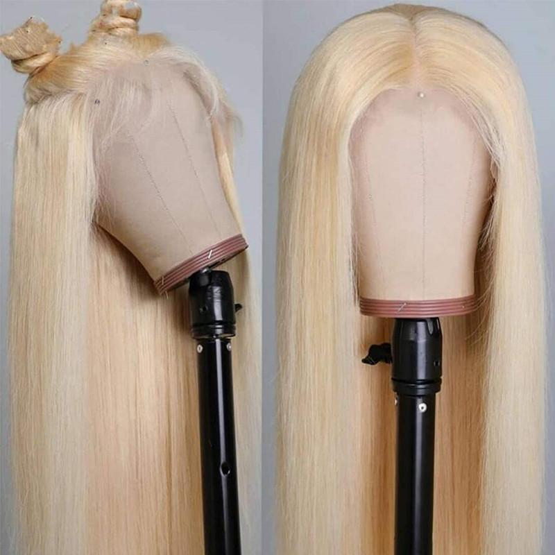 613 Light Blonde Synthetic Wig with long silky strands and adjustable straps, featuring realistic baby hair and high-temperature resistant fiber.