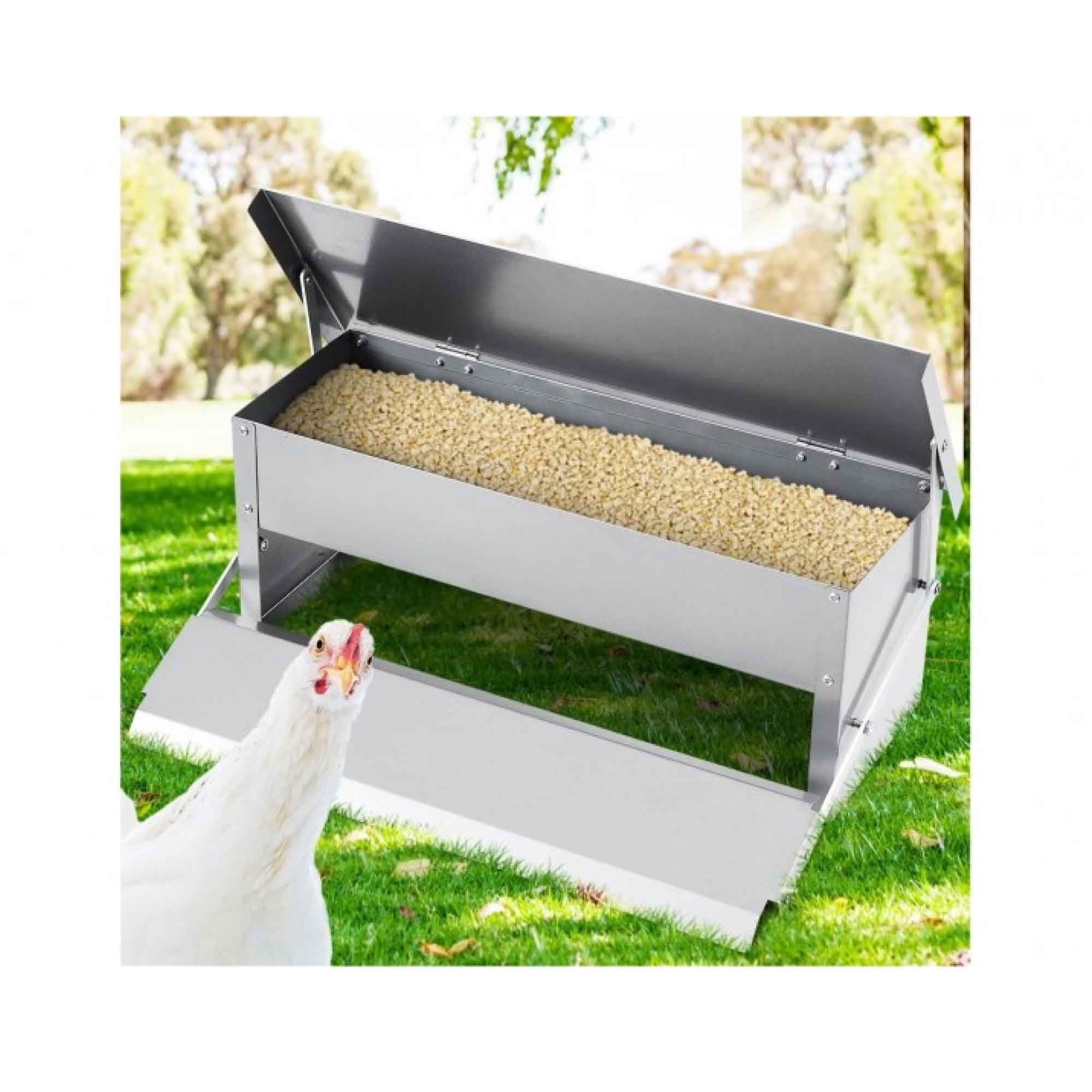 6.5L Automatic Chook Chicken Feeder made of galvanised steel, featuring a treadle design for self-feeding chickens.