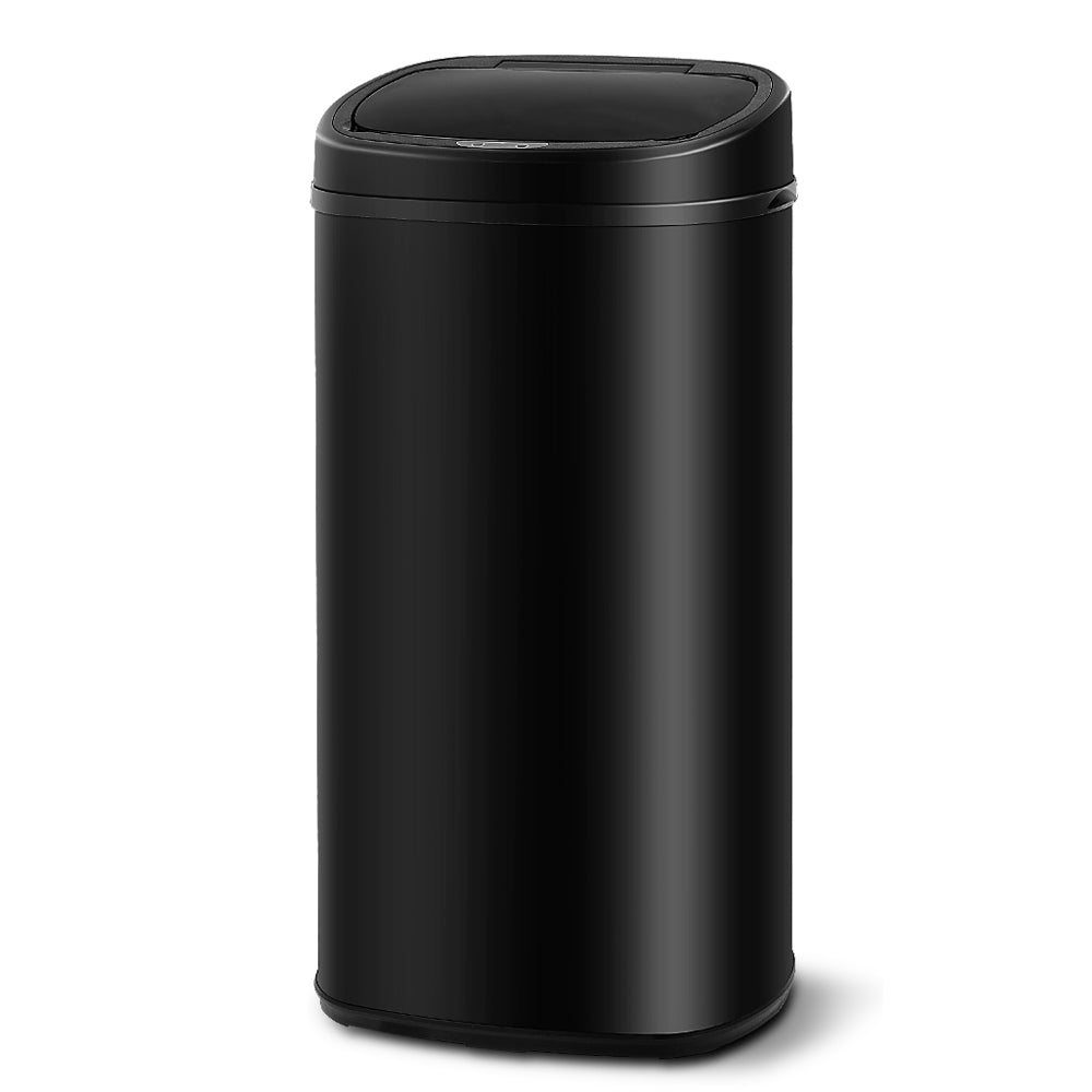 68L Motion Sensor Rubbish Bin in Black, featuring a stainless steel body and motion sensor lid for hands-free operation.