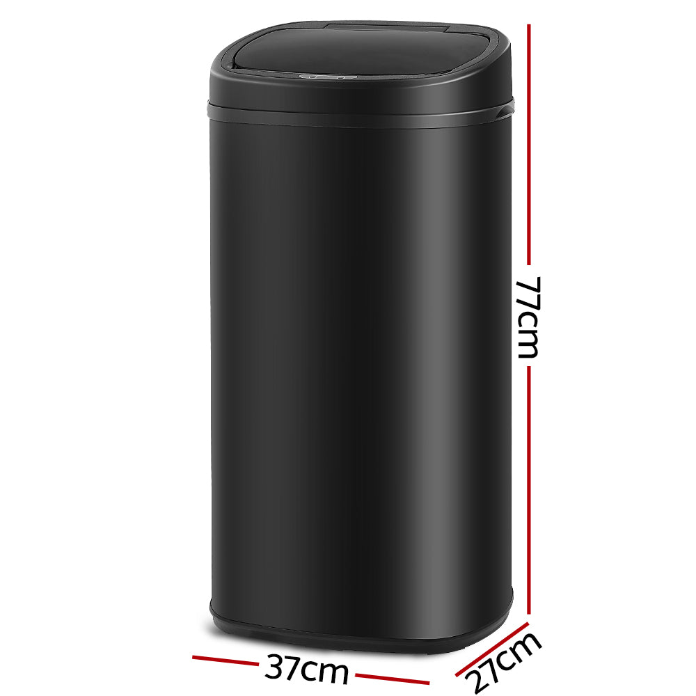 68L Motion Sensor Rubbish Bin in Black, featuring a stainless steel body and motion sensor lid for hands-free operation.