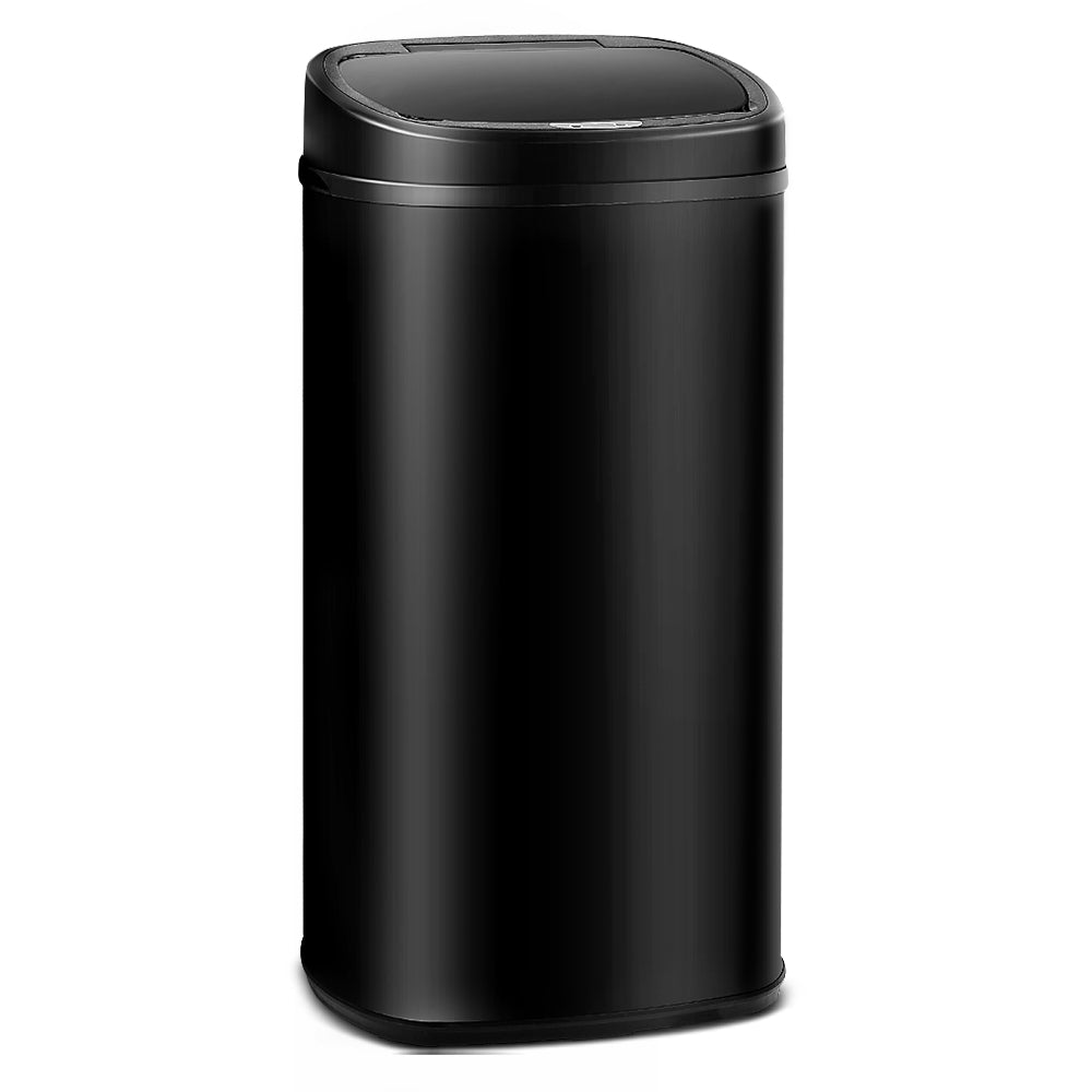 68L Motion Sensor Rubbish Bin in Black, featuring a stainless steel body and motion sensor lid for hands-free operation.