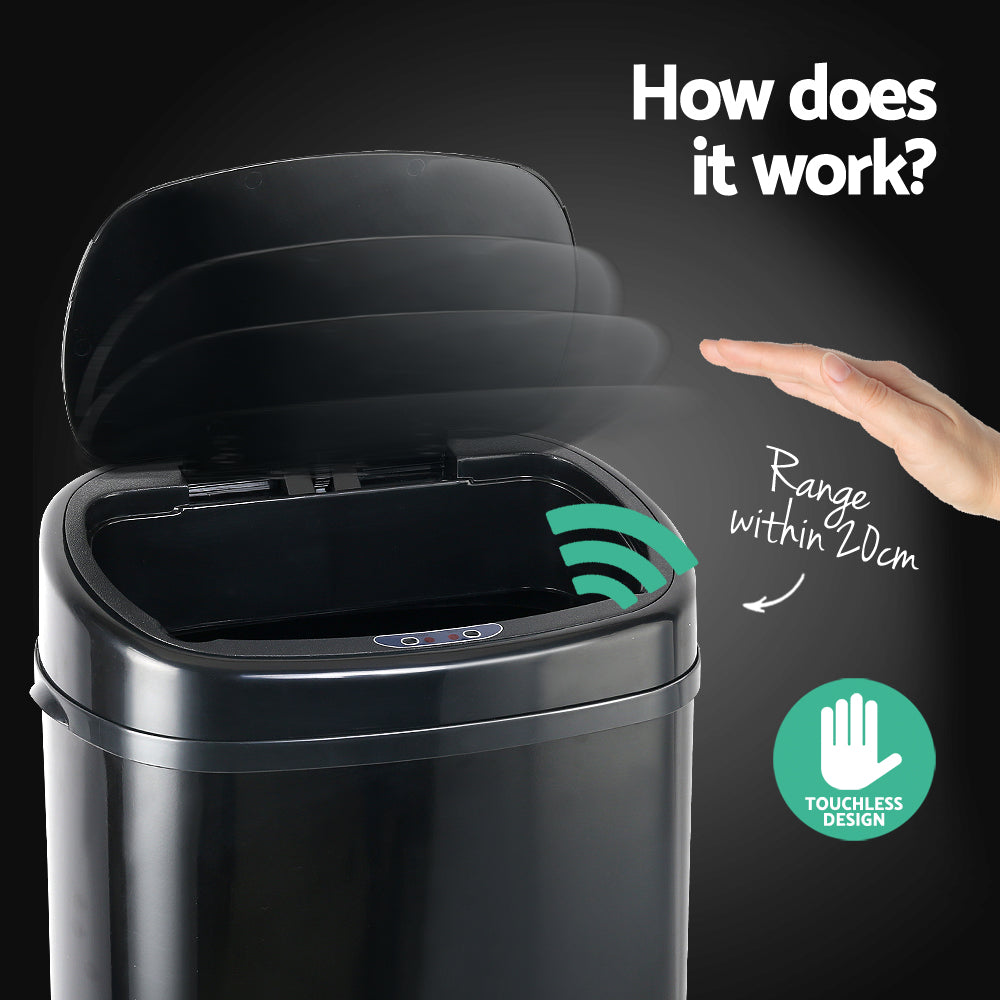 68L Motion Sensor Rubbish Bin in Black, featuring a stainless steel body and motion sensor lid for hands-free operation.