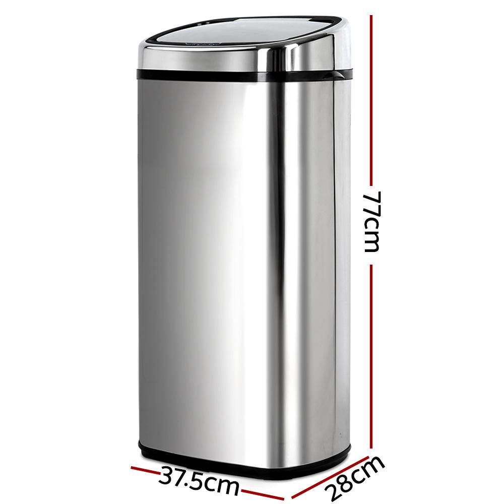 A sleek 68L stainless steel motion sensor rubbish bin with a hands-free lid, designed for modern kitchens.