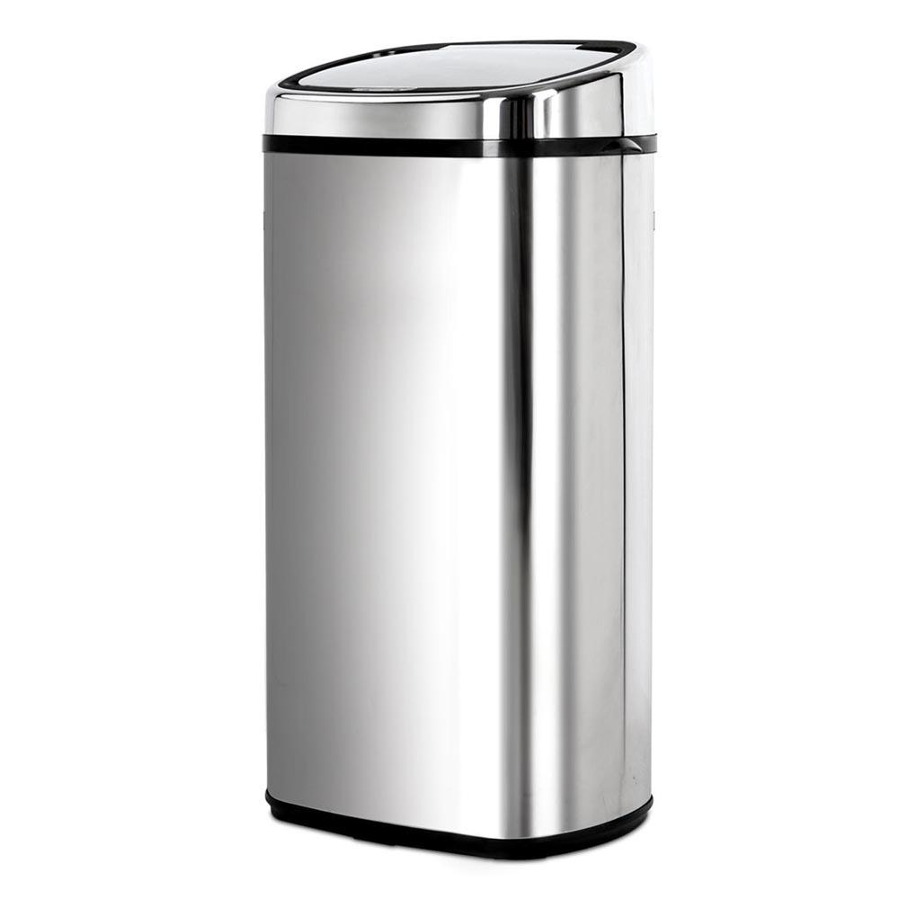 A sleek 68L stainless steel motion sensor rubbish bin with a hands-free lid, designed for modern kitchens.