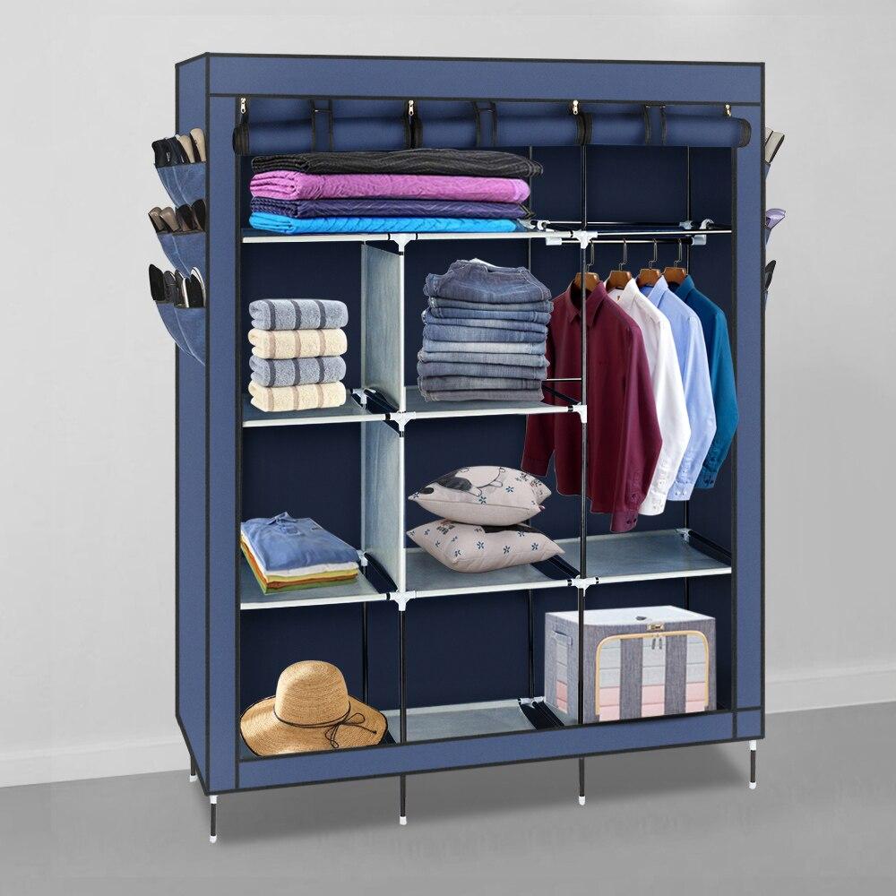 A stylish 69-inch high-leg wardrobe in dark blue, made of non-woven fabric with stainless steel frame, featuring 9 drawers for ample storage.