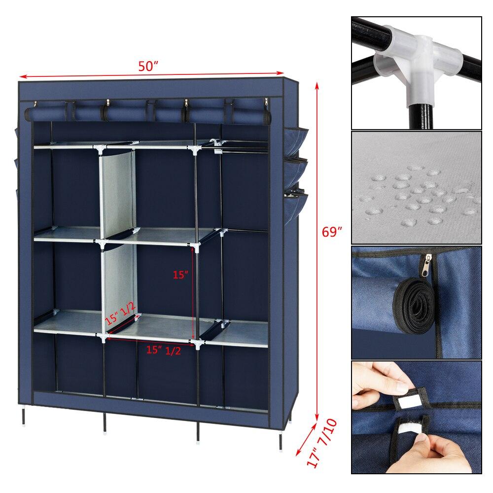 A stylish 69-inch high-leg wardrobe in dark blue, made of non-woven fabric with stainless steel frame, featuring 9 drawers for ample storage.