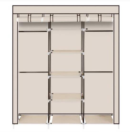 A 69-inch portable clothes closet made of non-woven fabric, featuring a beige color, double rods, and multiple shelves for organized storage.