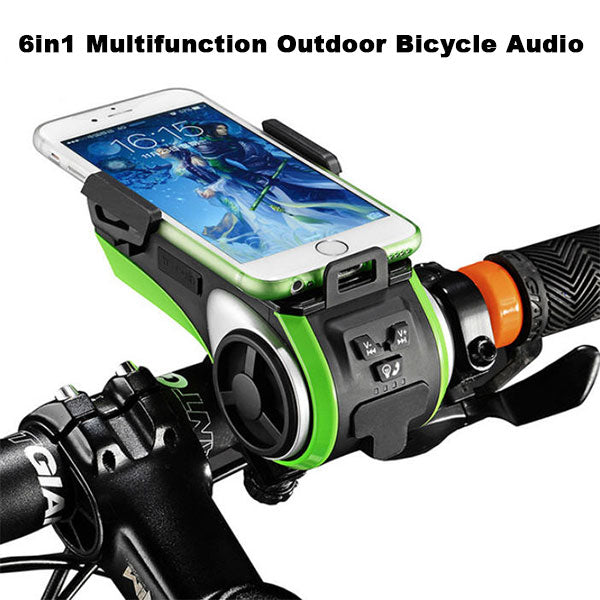 6in1 Multifunction Outdoor Bicycle Audio with LED lights, Bluetooth, and mobile phone mount, showcasing its sleek design and features.