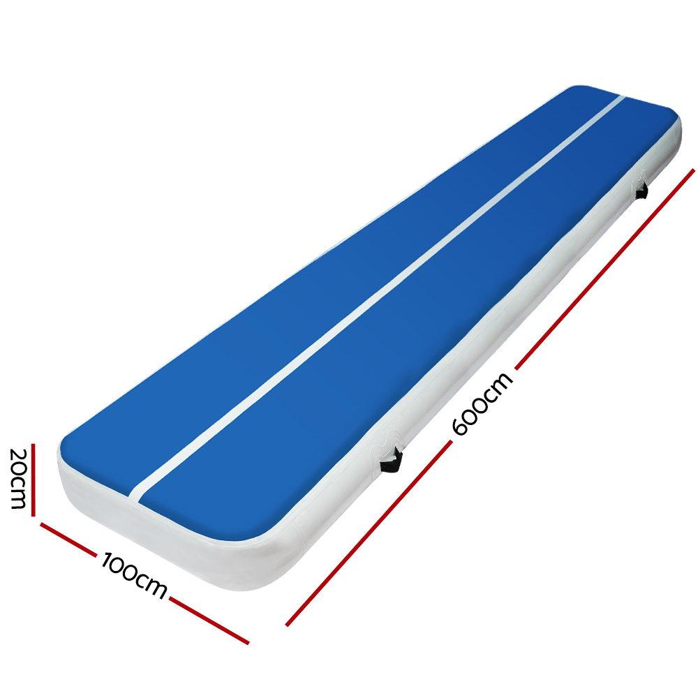 6m x 1m Inflatable Air Track Mat in blue, showcasing its thick design and durable fabric, ideal for gymnastic tumbling.