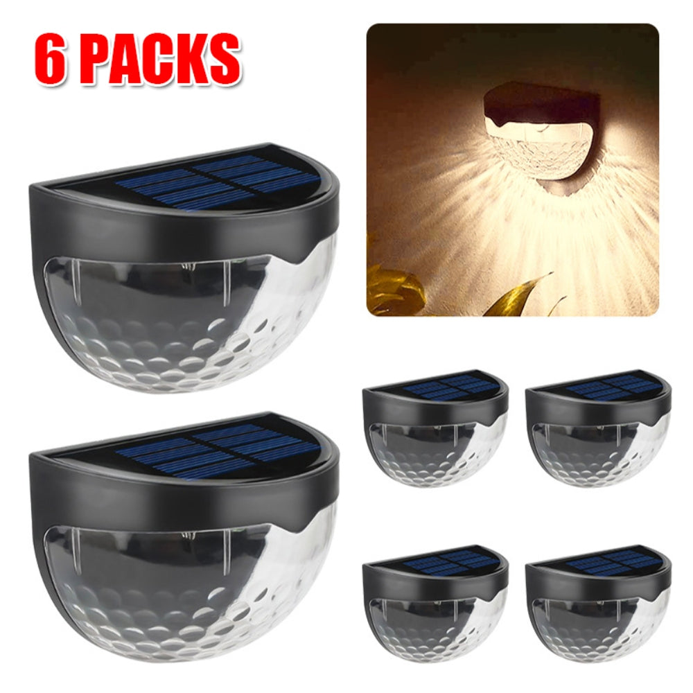 6PCS Solar Powered LED Wall Lights in black, designed for outdoor use, showcasing their sleek stainless steel finish and warm light glow.