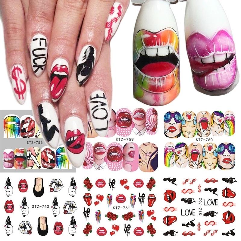 A set of 6 colorful nail stickers featuring cool girl lips designs, perfect for trendy nail art.