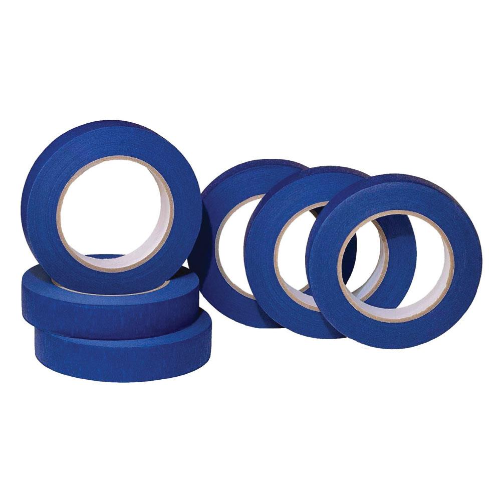 6 rolls of blue masking tape, 24mm wide and 50m long, ideal for outdoor painting and UV resistant.