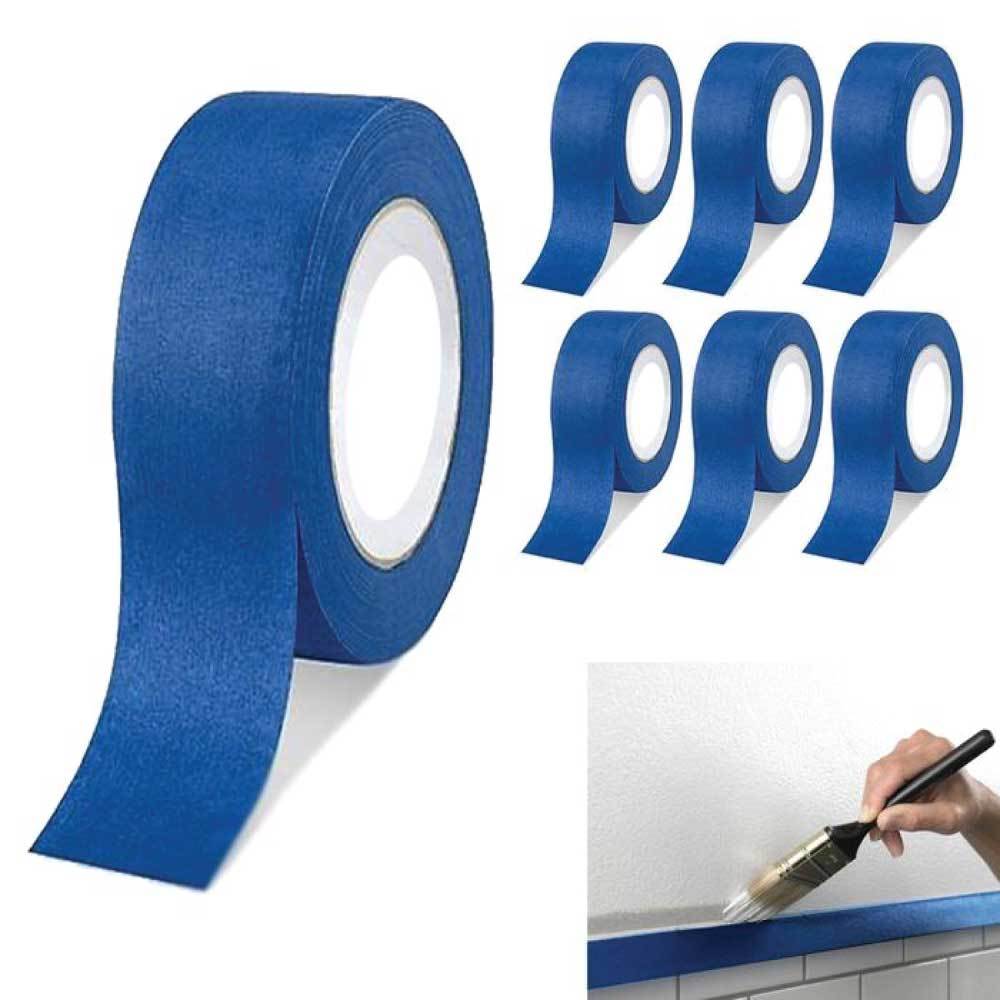 6 rolls of blue masking tape, 48mm wide and 50m long, ideal for outdoor painting and UV resistant applications.