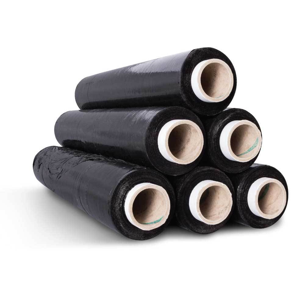 A pack of six eco-friendly black pallet plastic wrap rolls, designed for effective shrink wrapping and bundling of items.