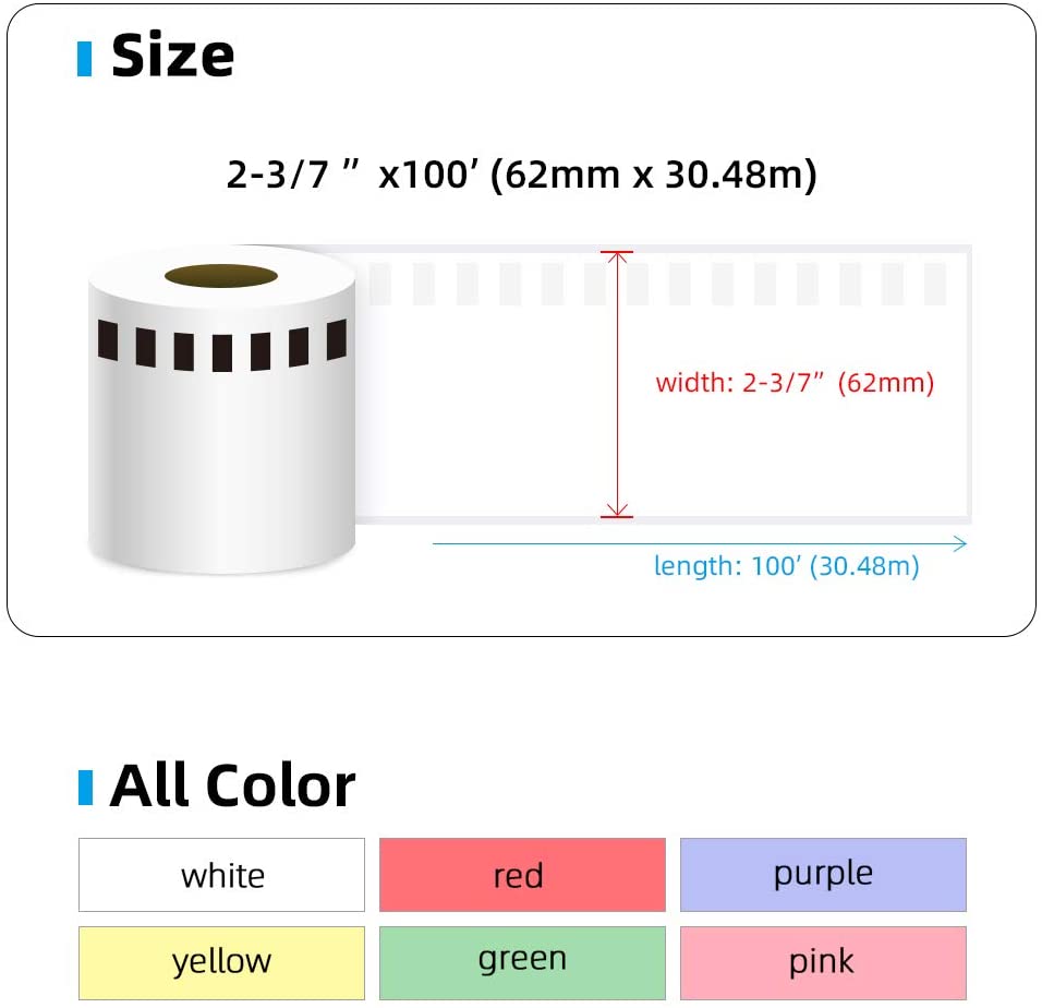 A roll of 6x Print Labels for Brother DK22205, showcasing its continuous paper design and violet-blue background with clear black text.