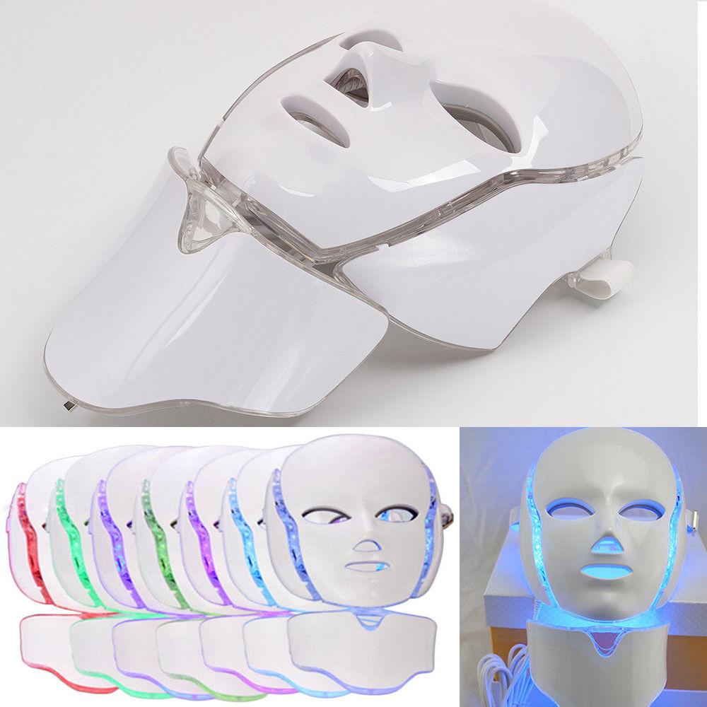 7 Color LED Facial and Neck Mask designed for skin rejuvenation and wrinkle reduction, featuring multiple light therapy options.