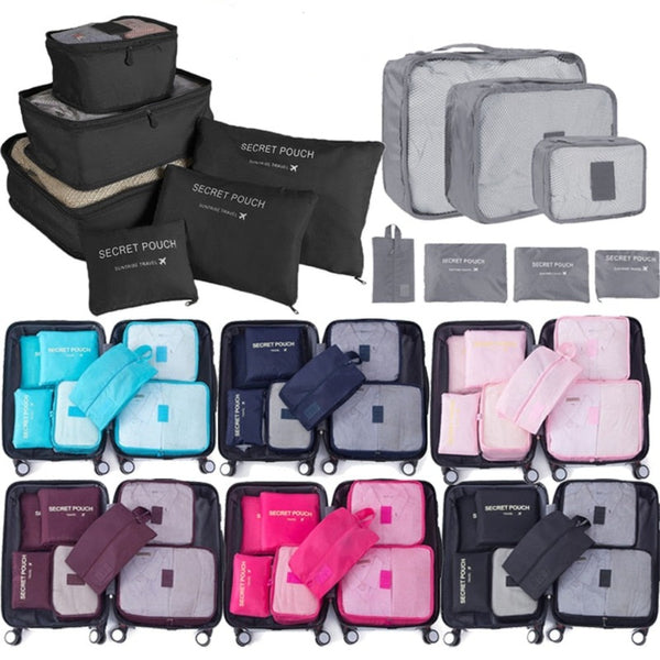 7 pcs Suitcase Organizer Bags Set made of durable Oxford fabric, featuring various sizes for organized travel storage.