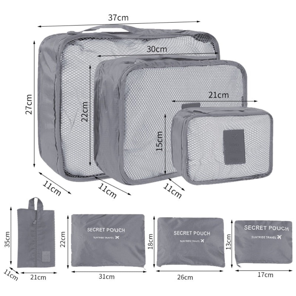 7 pcs Suitcase Organizer Bags Set made of durable Oxford fabric, featuring various sizes for organized travel storage.