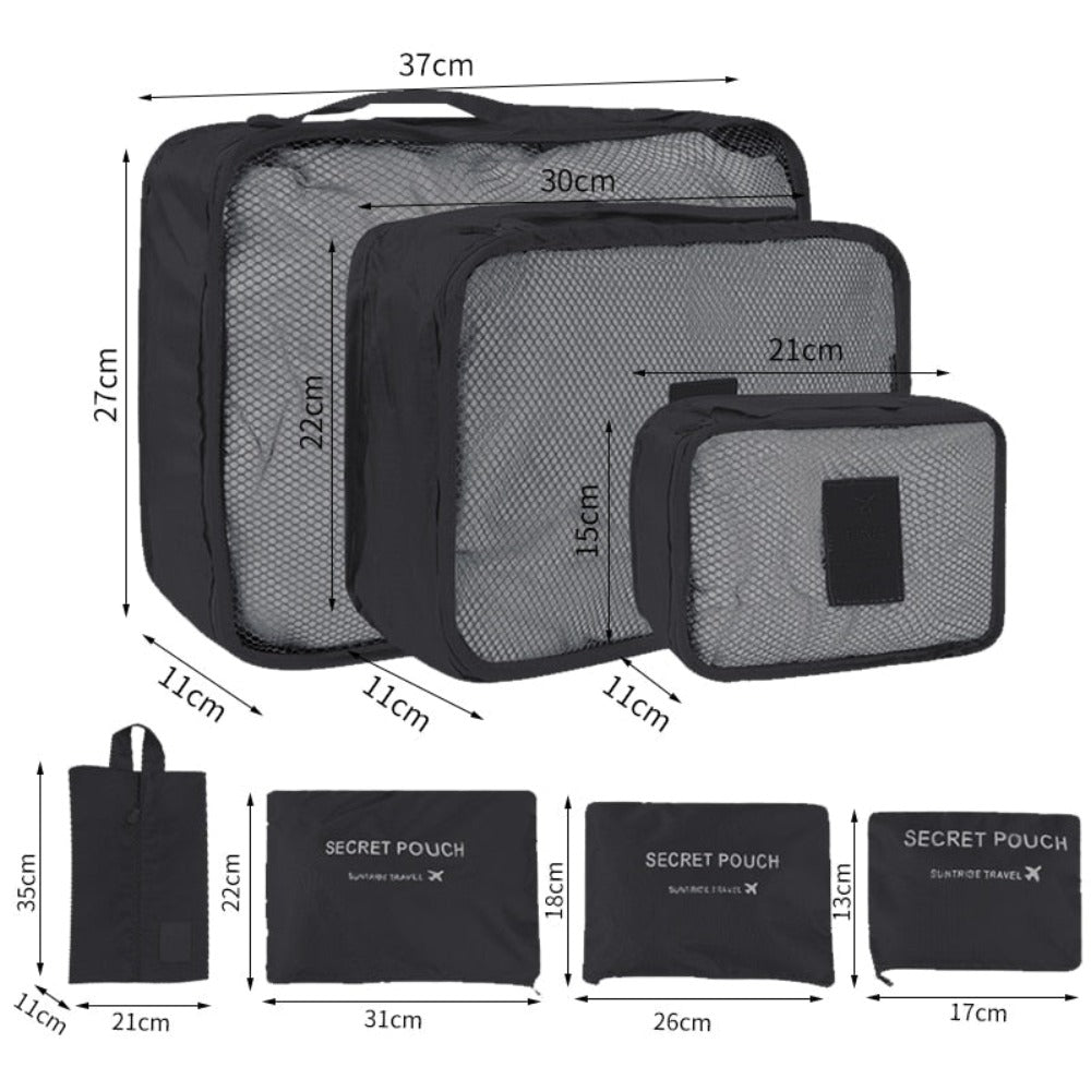 7 pcs Suitcase Organizer Bags Set made of durable Oxford fabric, featuring various sizes for organized travel storage.