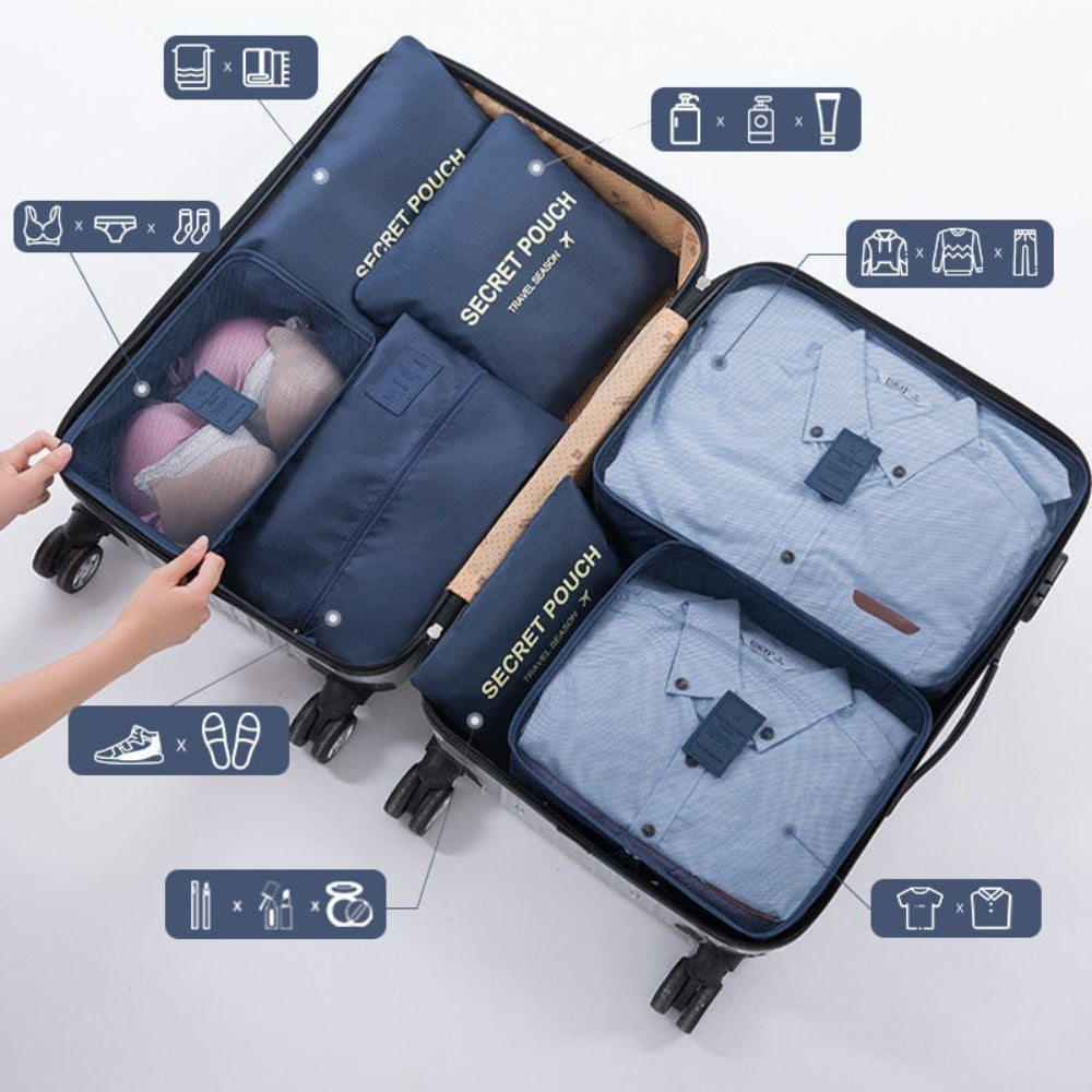 7 pcs Suitcase Organizer Bags Set made of durable Oxford fabric, featuring various sizes for organized travel storage.