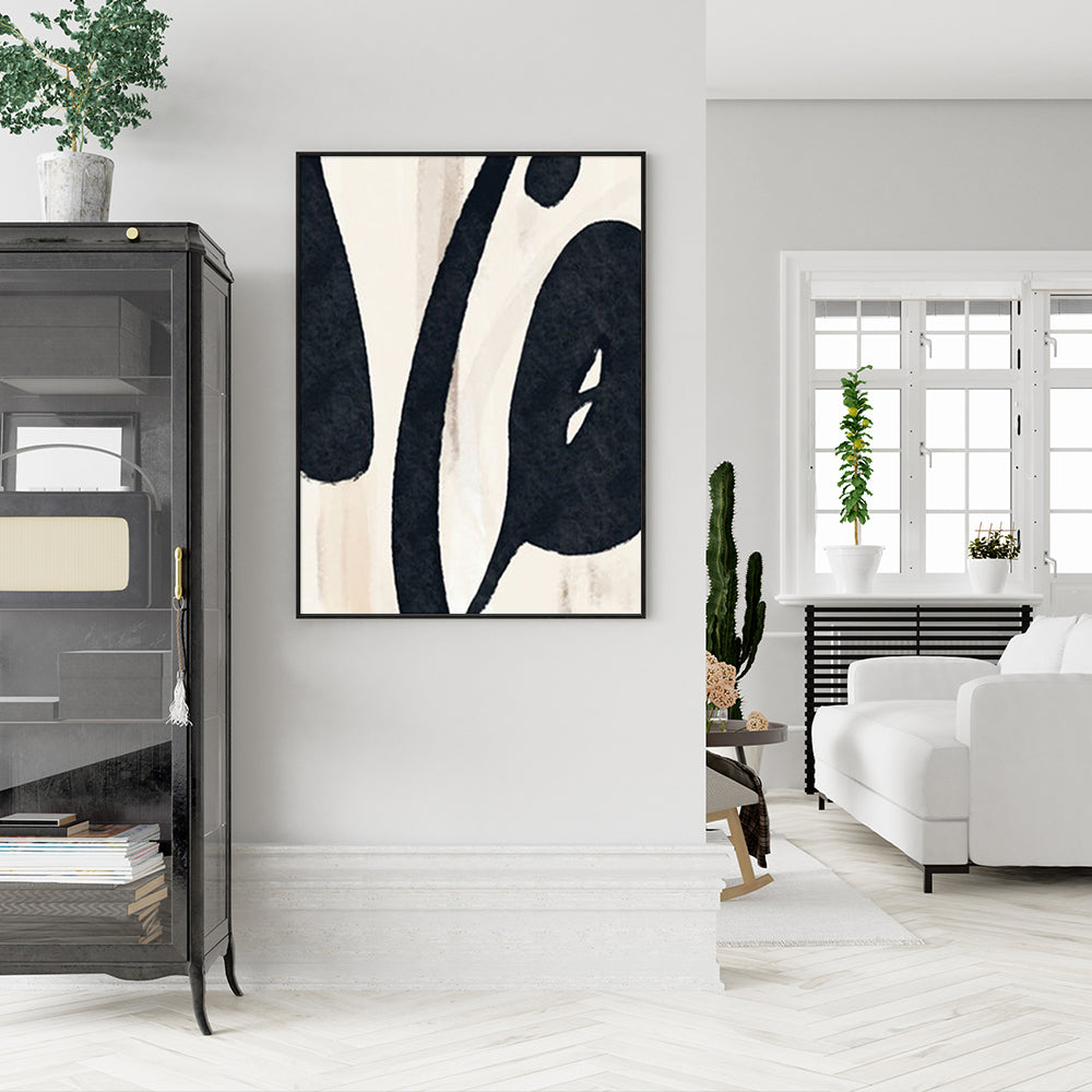 70cmx100cm black ink canvas wall art framed in a sleek black frame, showcasing a modern design perfect for home decor.