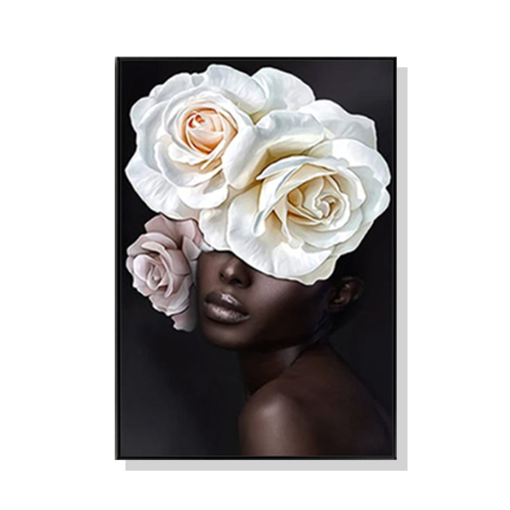 70cmx100cm Flower African Woman Canvas Wall Art in a black frame, showcasing vibrant colors and intricate details.