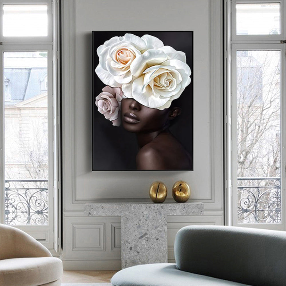 70cmx100cm Flower African Woman Canvas Wall Art in a black frame, showcasing vibrant colors and intricate details.