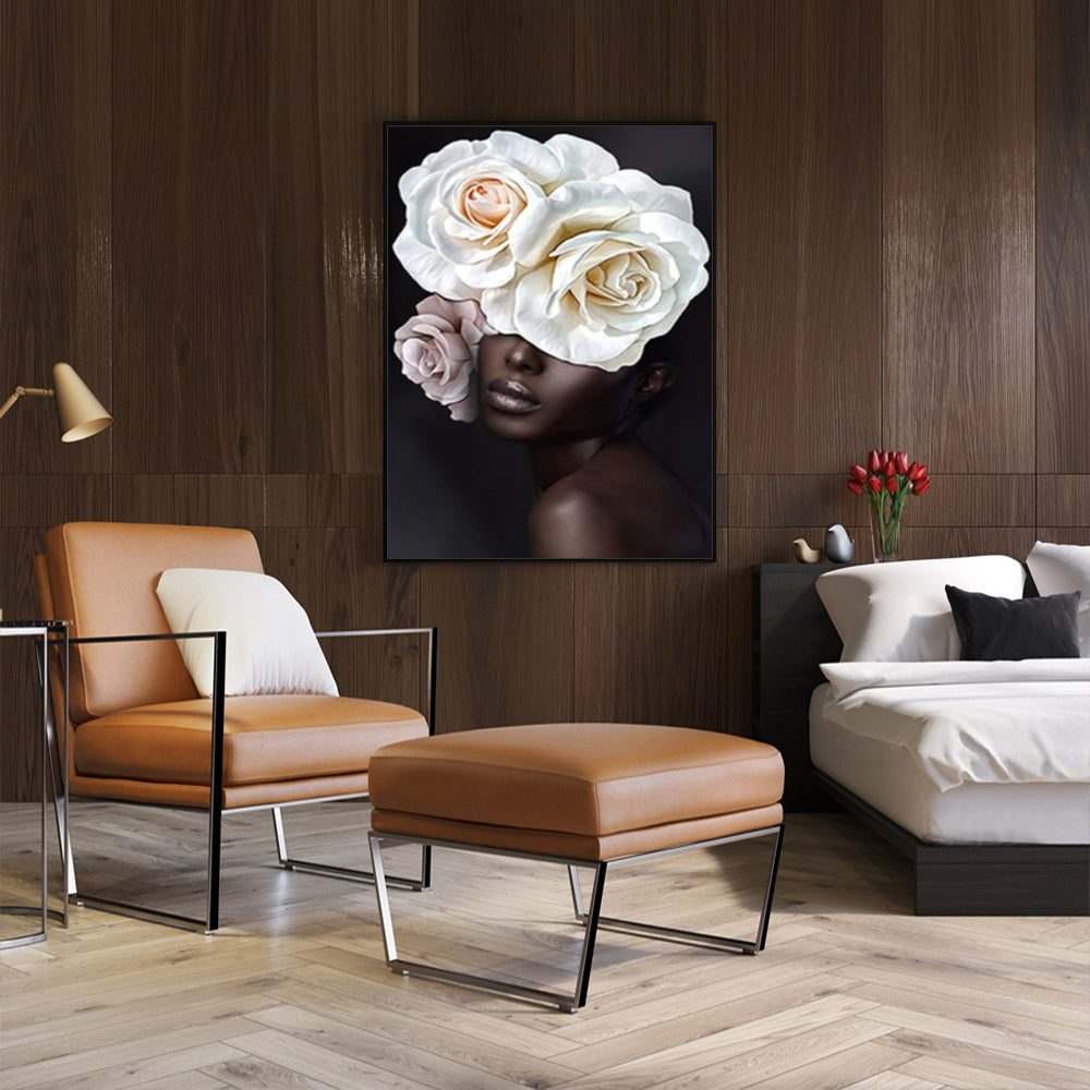 70cmx100cm Flower African Woman Canvas Wall Art in a black frame, showcasing vibrant colors and intricate details.