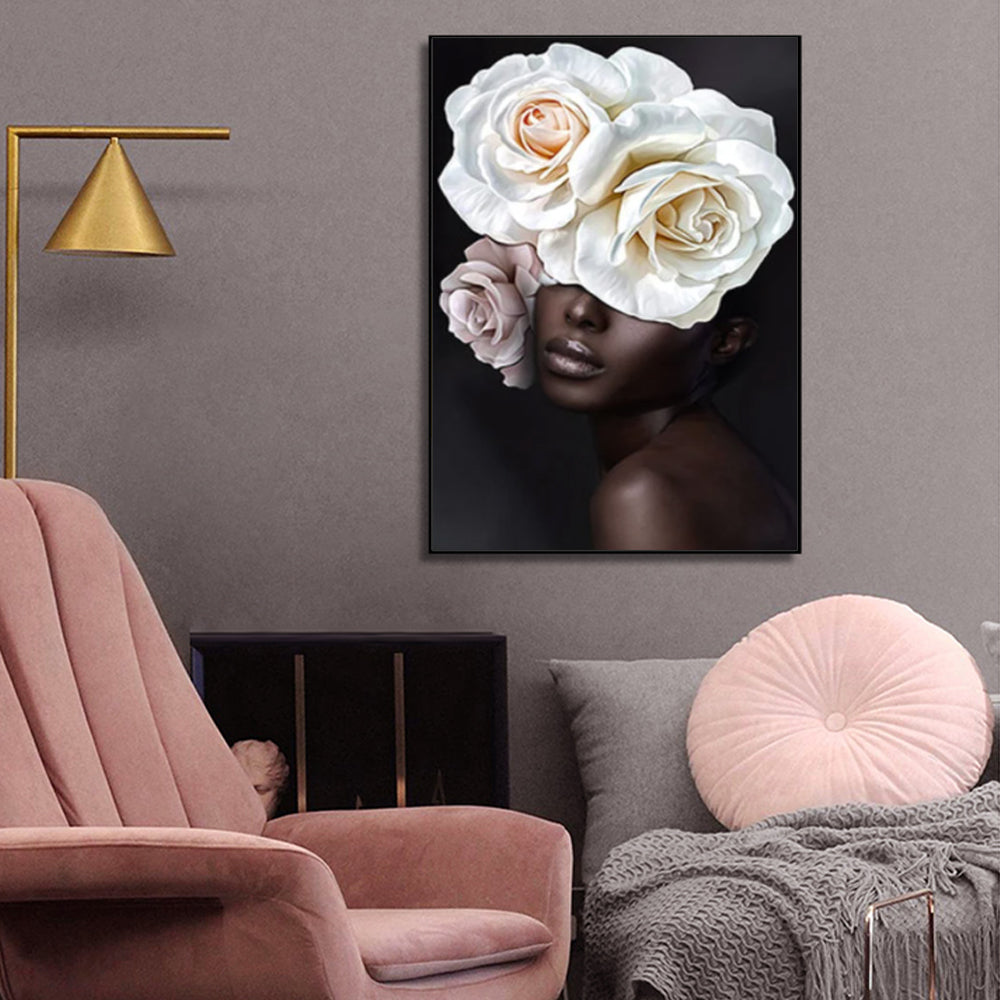 70cmx100cm Flower African Woman Canvas Wall Art in a black frame, showcasing vibrant colors and intricate details.