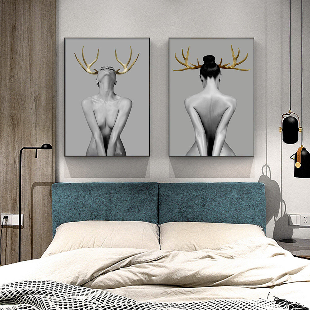 70cmx100cm canvas wall art featuring a girl with gold horn, framed in black, showcasing vibrant colors and a floating effect.