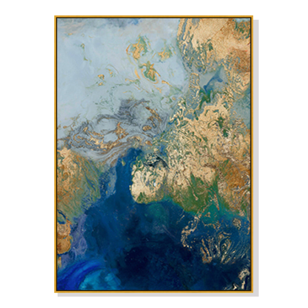 70cmx100cm Marbled Blue Gold Artwork in a gold frame, showcasing elegant marbled patterns.