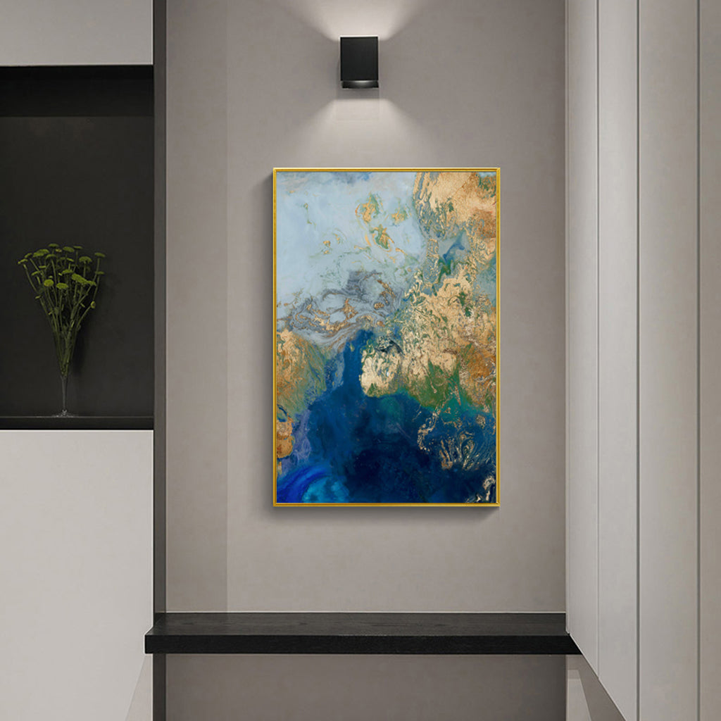 70cmx100cm Marbled Blue Gold Artwork in a gold frame, showcasing elegant marbled patterns.